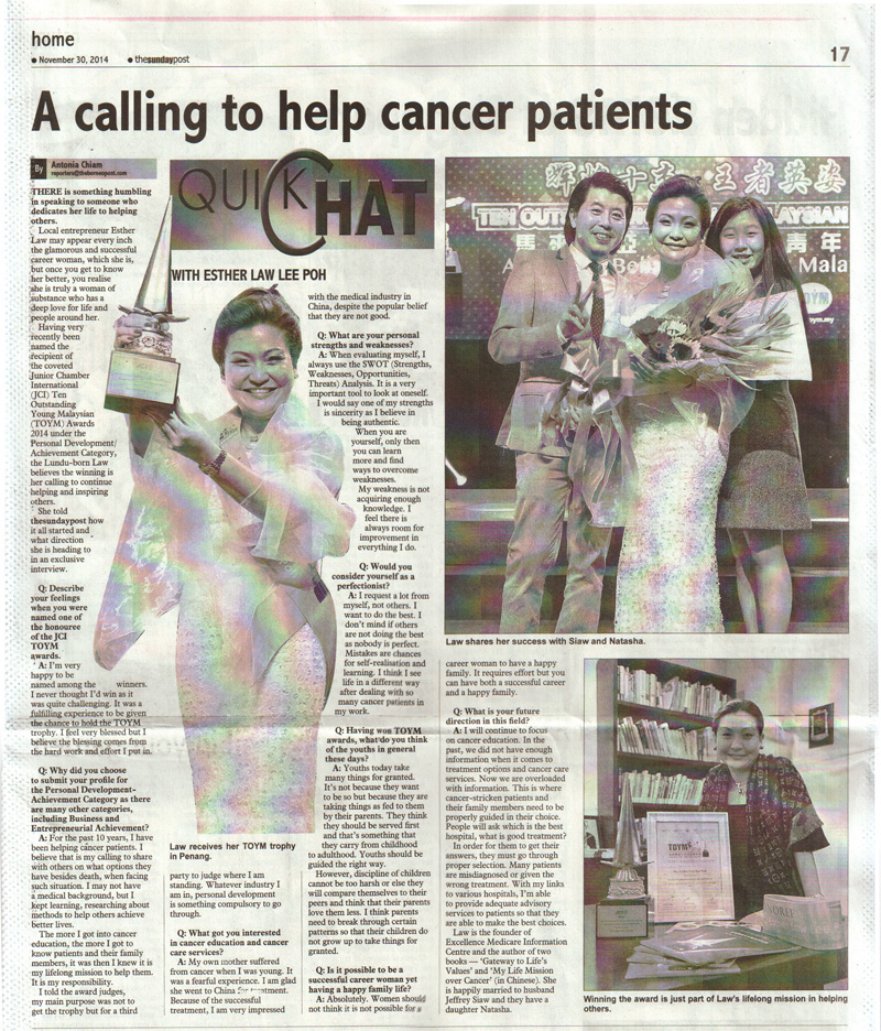 2014-11-30 The Sunday Post – A calling to help cancer patients