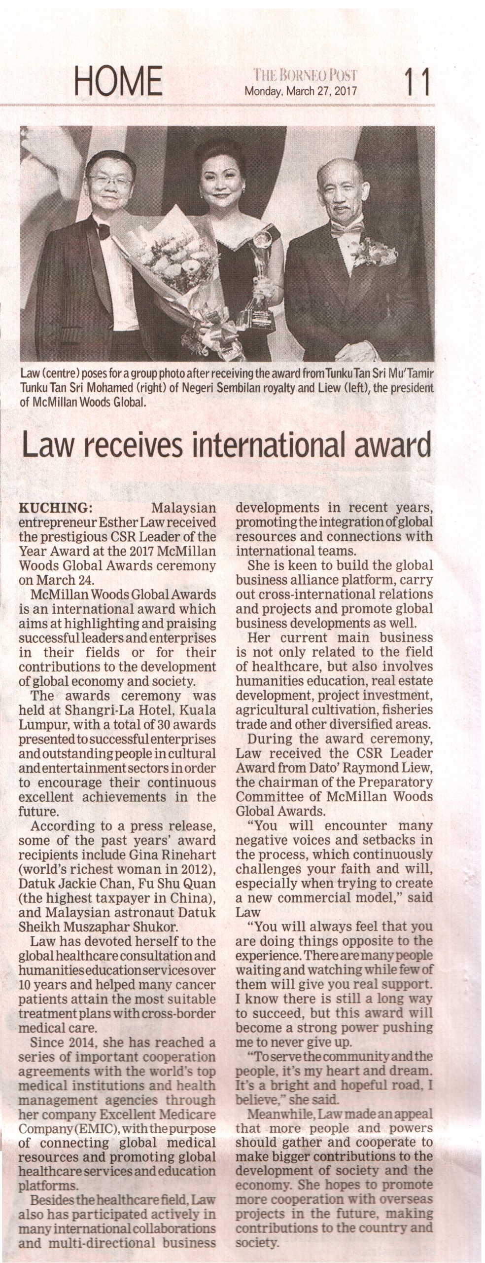 2017-3-27 The Borneo Post Law receives international award