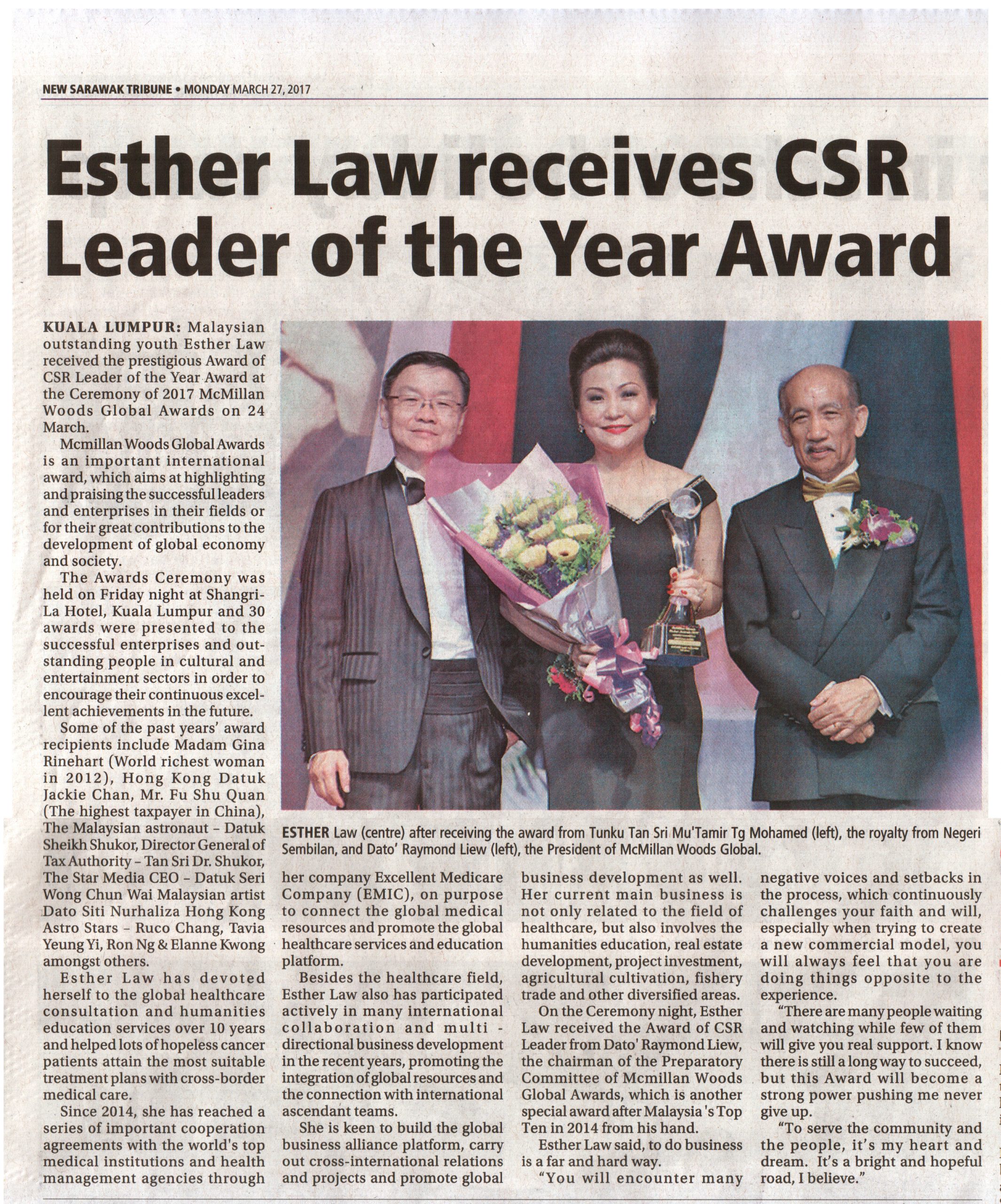 2017-3-27 New Sarawak Tribune Esther Law receives CSR Leader of the Year Award